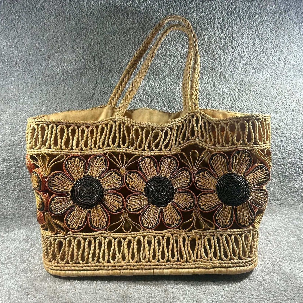 Straw Tote Bag Tan Brown Floral Sunflower Woven Wicker Boho Women